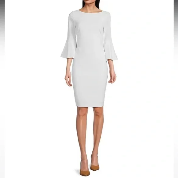 White Dress Calvin Klein Flare Sleeve Dress Calvin Klein Women's Long Sleeve  V-Neck Puff Sleeve Solid Sheath Dress, Black,